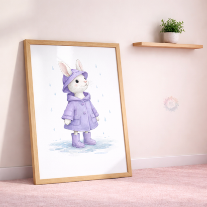 Purple Bunny Nursery Prints Set of 3 – Rainy Day Rabbit Wall Art