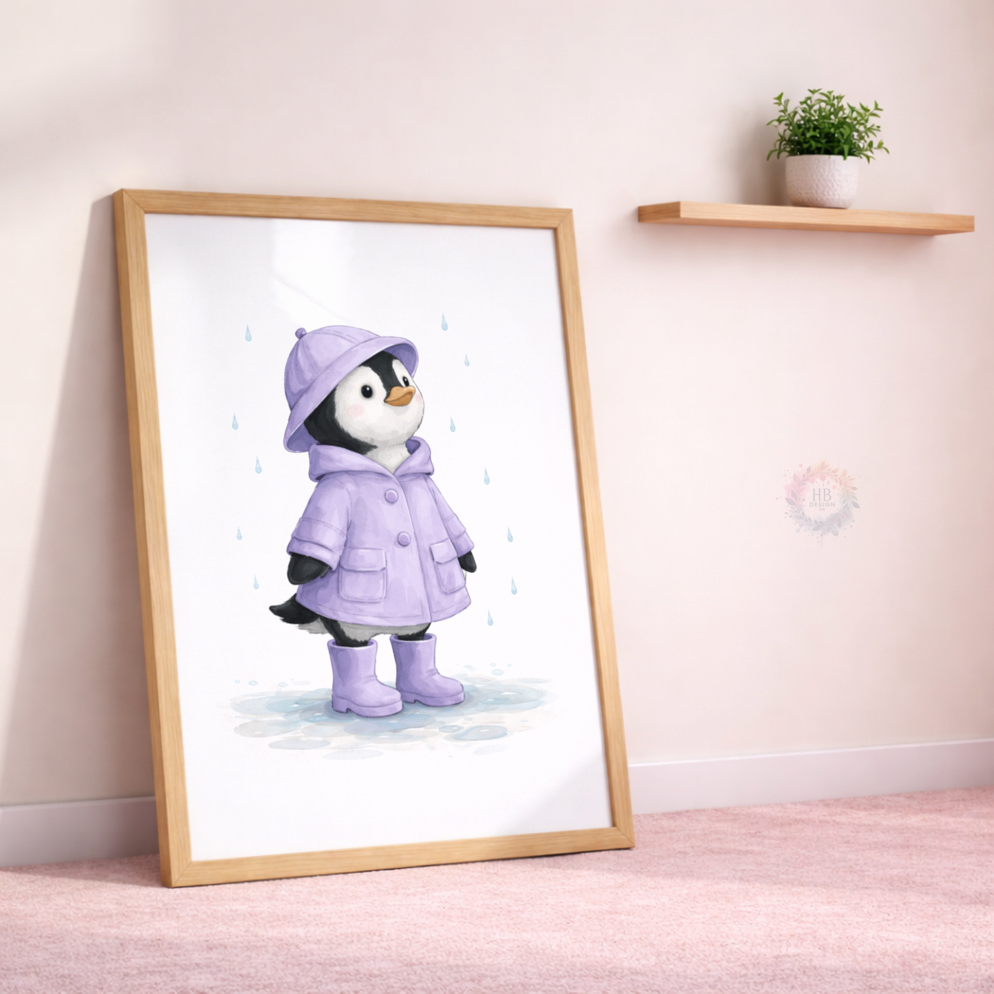 Purple Penguin Nursery Prints Set of 3 – Rainy Day Penguin Wall Art