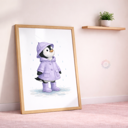 Purple Penguin Nursery Prints Set of 3 – Rainy Day Penguin Wall Art