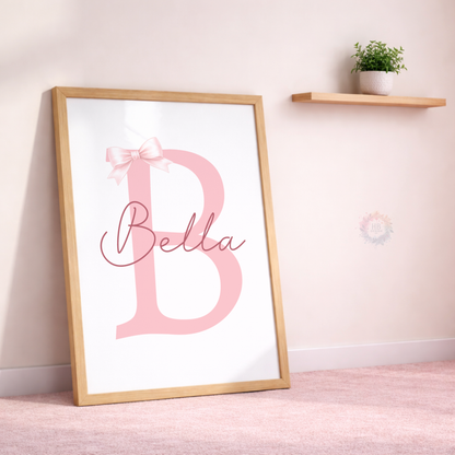 Personalised Pink Bow Nursery Prints – Custom Initial & Name Wall Art Set