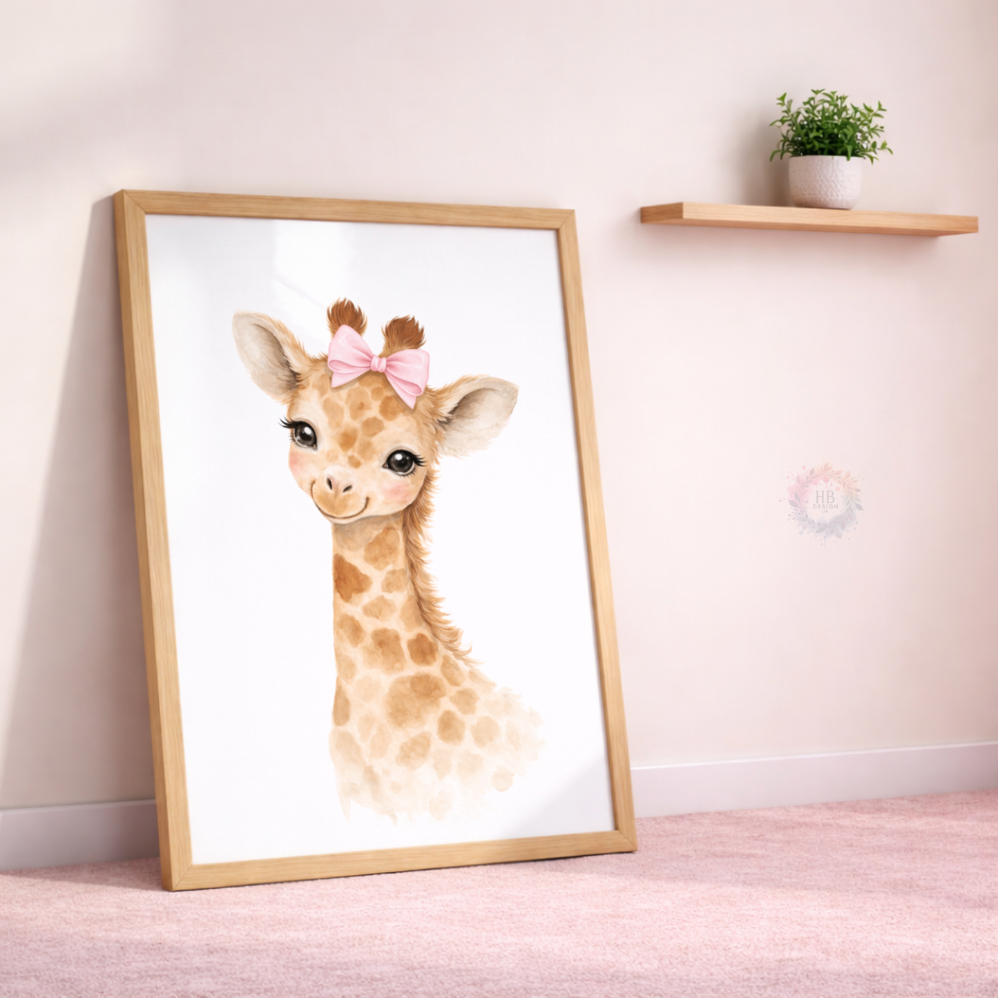 Personalised Pink Safari Nursery Prints – Giraffe, Initial & Elephant Wall Art Set