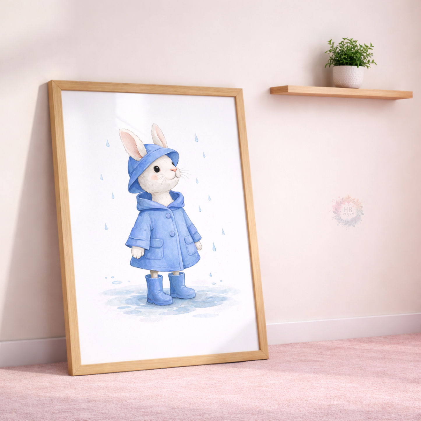 Blue Bunny Nursery Prints Set of 3 – Rainy Day Rabbit Wall Art