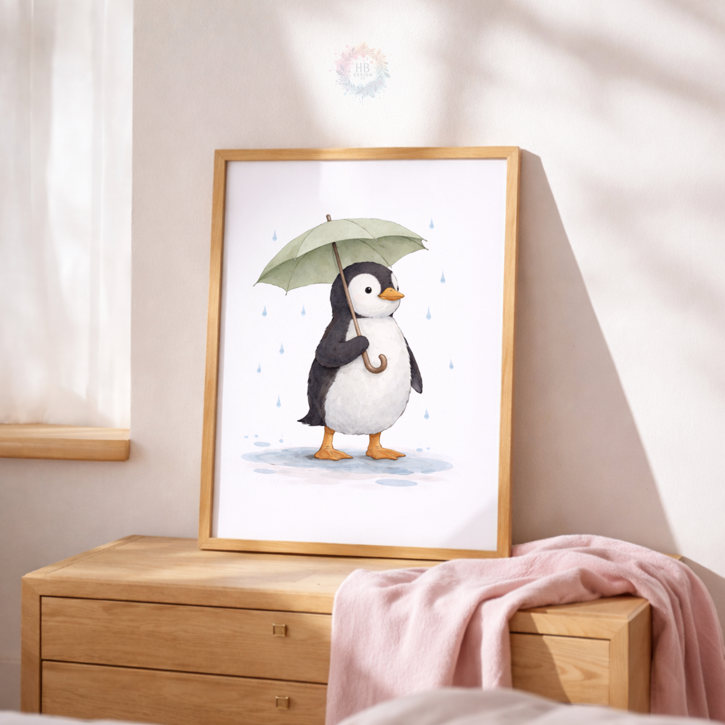 Penguin Nursery Prints Set of 3 – Cute Green Rainy Day Animal Wall Art