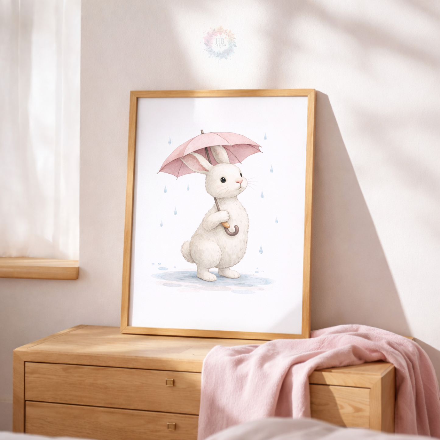 Pink Bunny Nursery Prints Set of 3 – Rainy Day Rabbit Wall Art