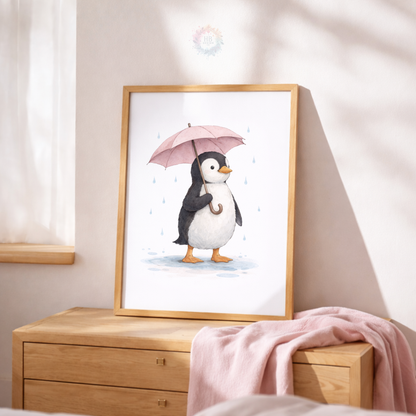Pink Penguin Nursery Prints Set of 3 – Rainy Day Penguin Wall Art