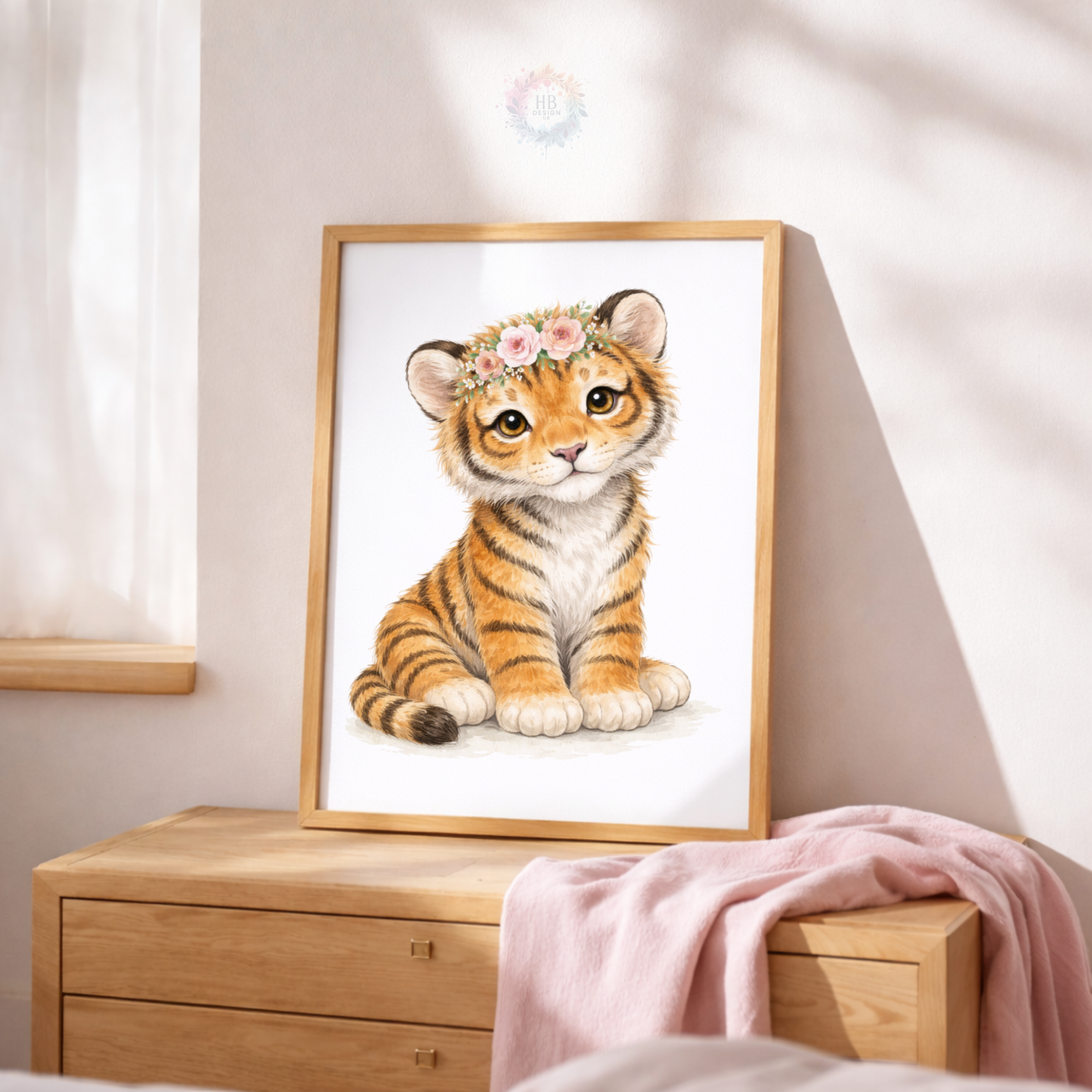 Personalised Pink Safari Nursery Prints – Baby Lion & Tiger Floral Wall Art Set