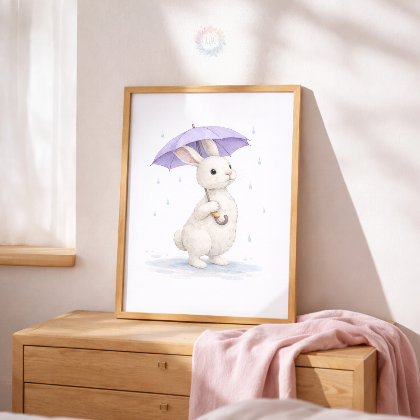 Purple Bunny Nursery Prints Set of 3 – Rainy Day Rabbit Wall Art