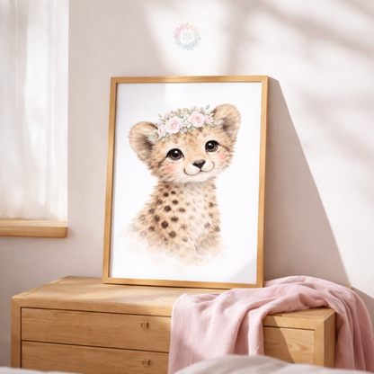 Personalised Pink Safari Nursery Prints – Baby Leopard & Cheetah Floral Wall Art Set