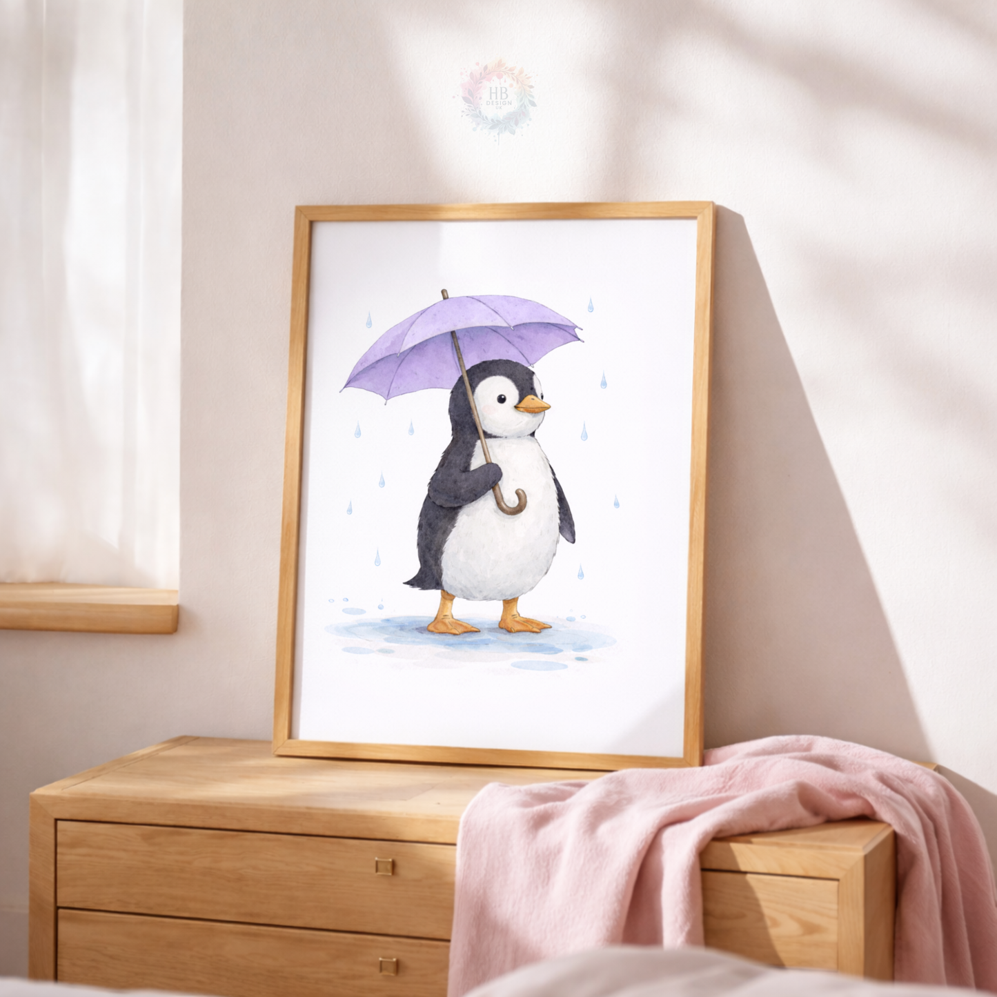 Purple Penguin Nursery Prints Set of 3 – Rainy Day Penguin Wall Art