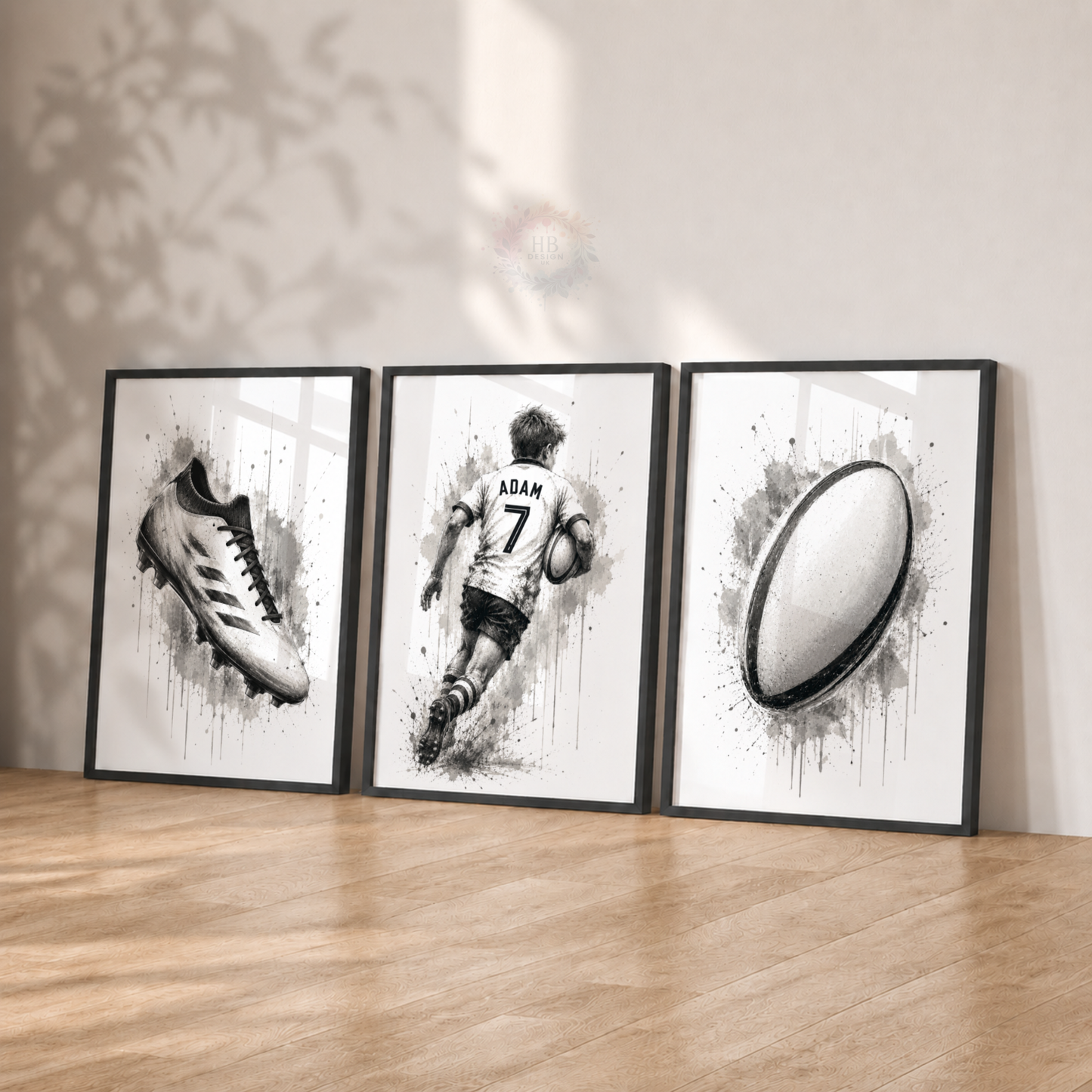 Personalised Rugby Wall Art Set – Black & White Boys Bedroom Sports Prints