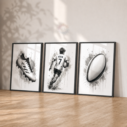 Personalised Rugby Wall Art Set – Black & White Boys Bedroom Sports Prints