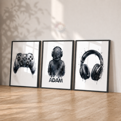 Personalised Black & Grey Gamer Wall Art Set – Controller, Gamer & Headphones Prints