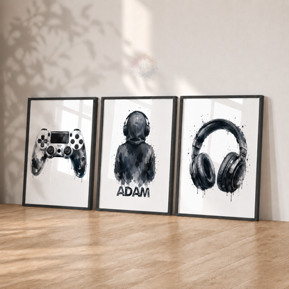 Personalised Monochrome Gamer Wall Art Set – Controller, Gamer & Headphones Prints