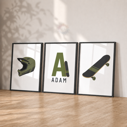 Personalised Skateboard Bedroom Prints – Set of 3 Helmet, Skateboard & Name Wall Art