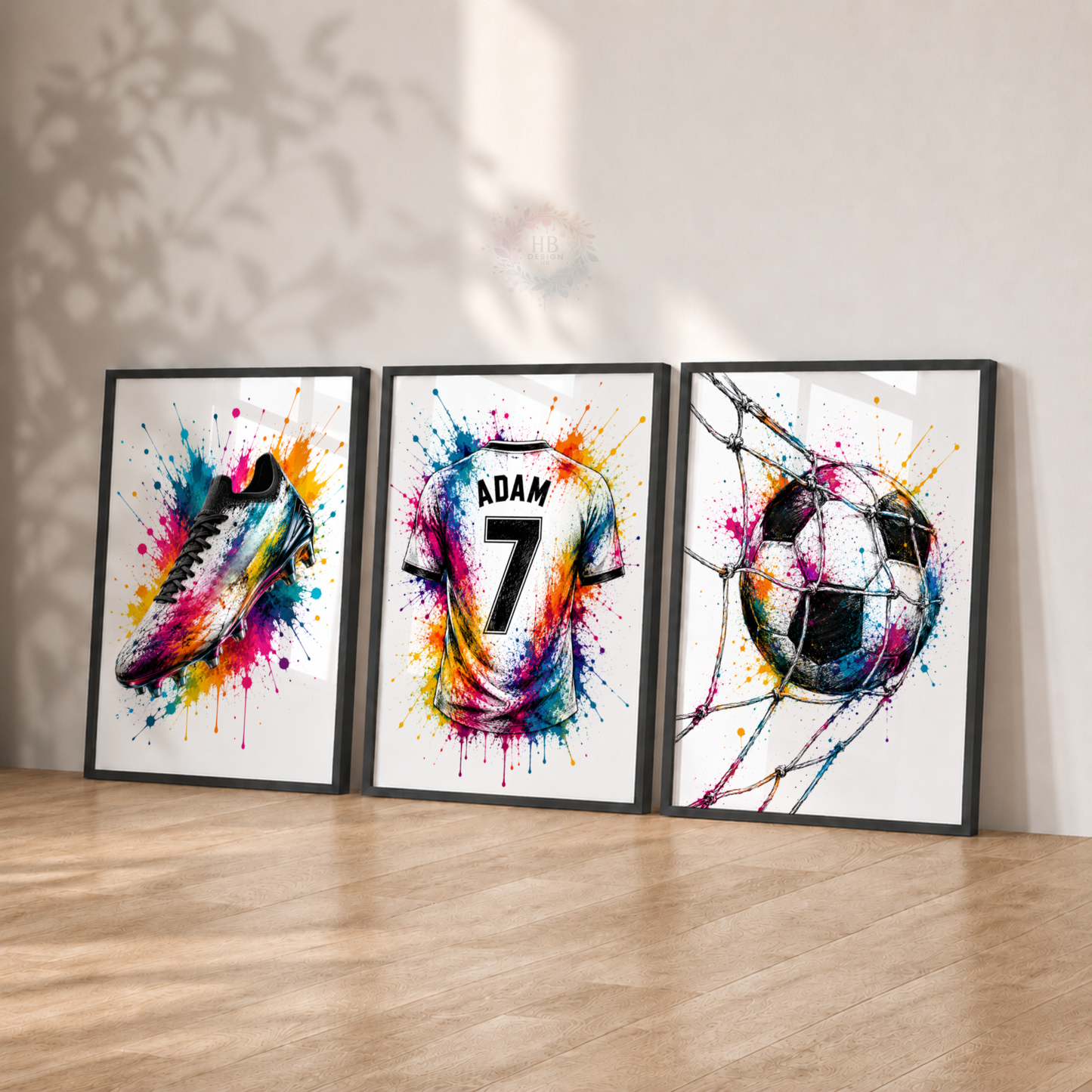 Personalised Football Wall Art Set – Colourful Football Boot, Shirt & Ball Prints