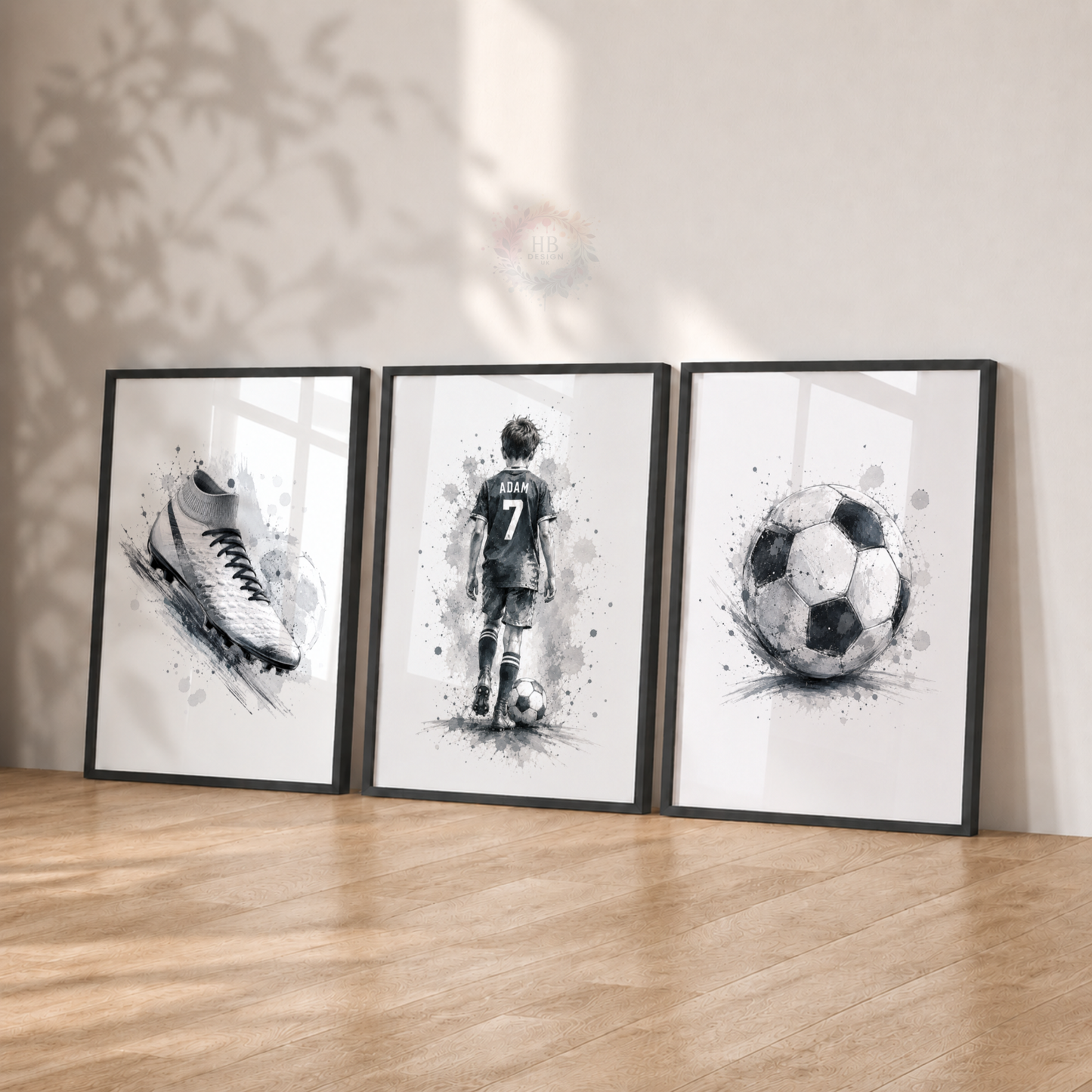 Personalised Monochrome Football Wall Art Set – Name & Number Prints