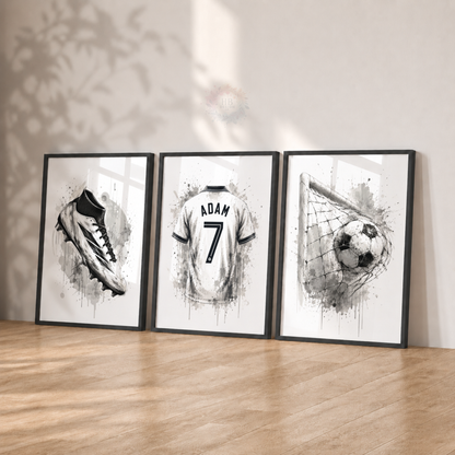 Personalised Black & White Football Wall Art Set – Name & Number Shirt Prints