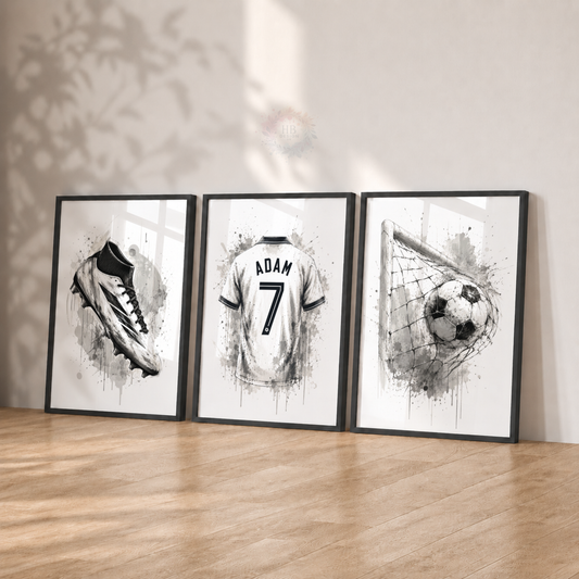 Personalised Black & White Football Wall Art Set – Name & Number Shirt Prints