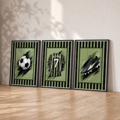 Personalised Green & Black Football Wall Art Set – Name & Number Prints