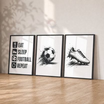 Eat Sleep Football Repeat Wall Art Set – Black & White Football Prints