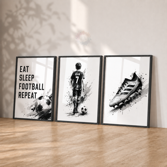 Personalised Eat Sleep Football Repeat Wall Art Set – Black & White Football Prints