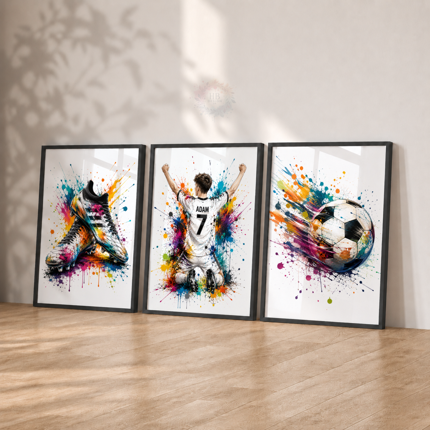 Personalised Football Player Wall Art Set – Colourful Football Bedroom Prints