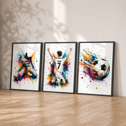 Personalised Football Player Wall Art Set – Colourful Football Bedroom Prints