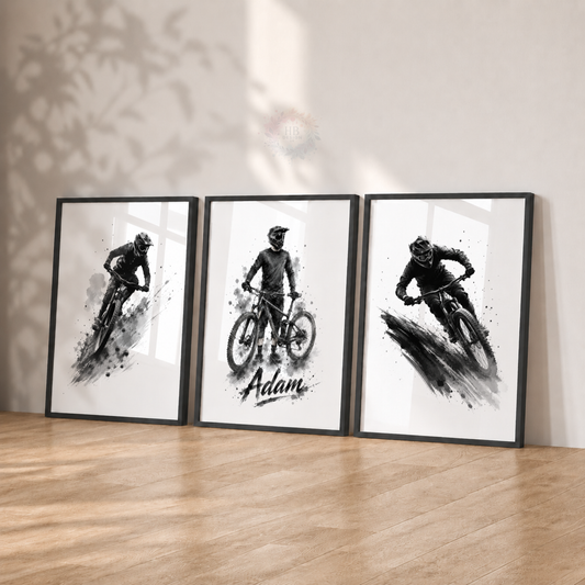 Personalised Mountain Bike Prints – Set of 3 Black & White MTB Cycling Wall Art