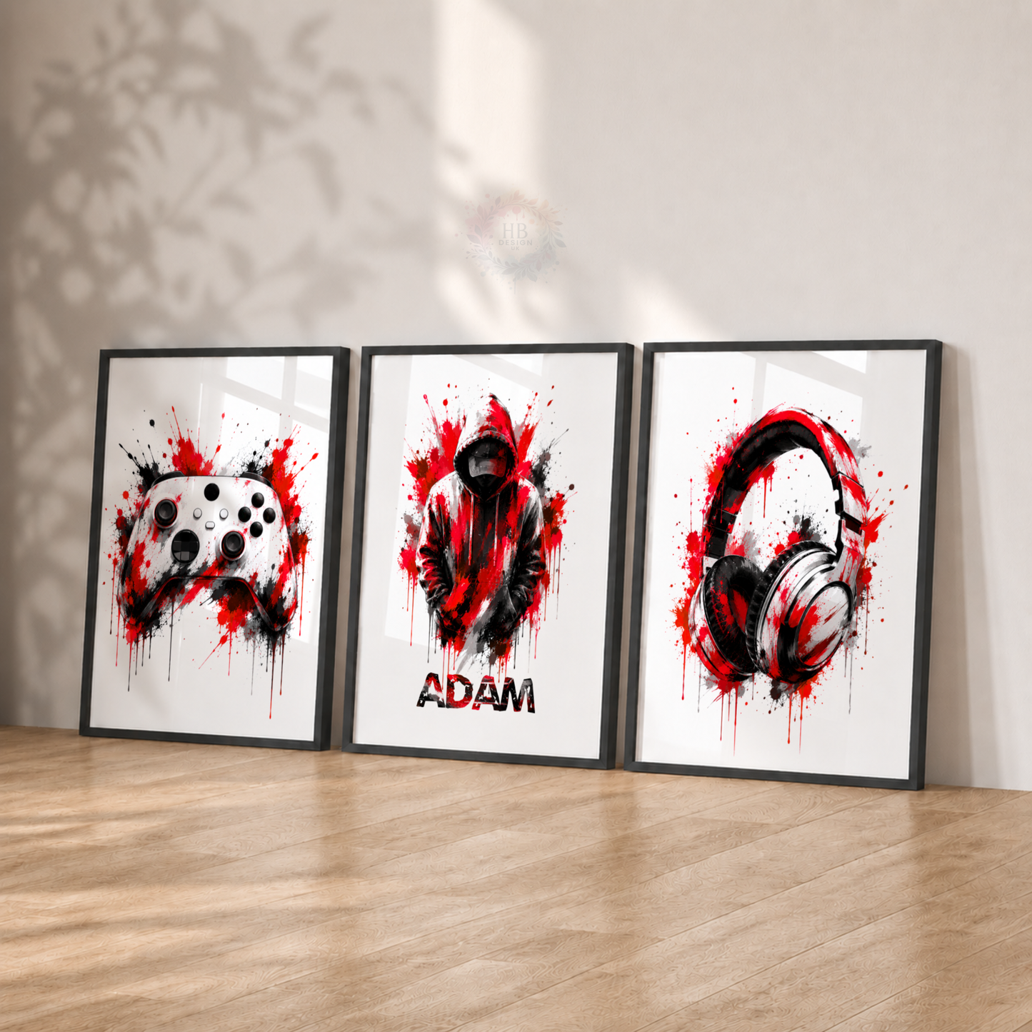 Personalised Red & Black Gamer Wall Art Set – Controller, Gamer & Headphones Prints