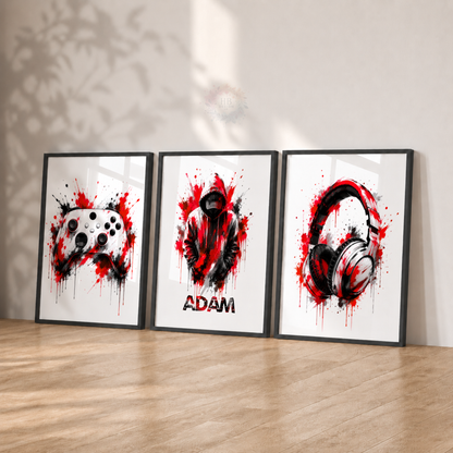 Personalised Red & Black Gamer Wall Art Set – Controller, Gamer & Headphones Prints