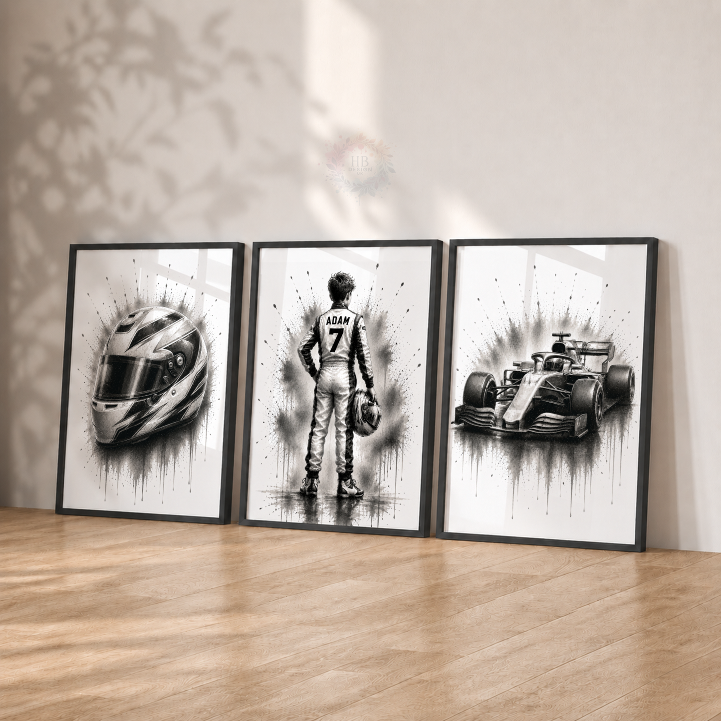 Personalised F1 Racing Wall Art Print Set – Black & White Custom Name & Number
