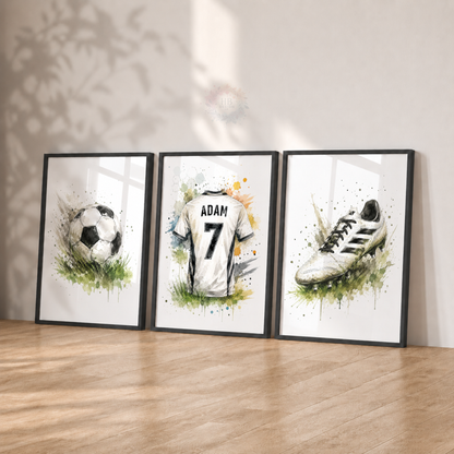 Personalised Football Wall Art Set – Green Watercolour Name & Number Prints