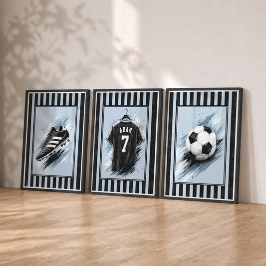 Personalised Blue & Black Football Wall Art Set – Name & Number Prints