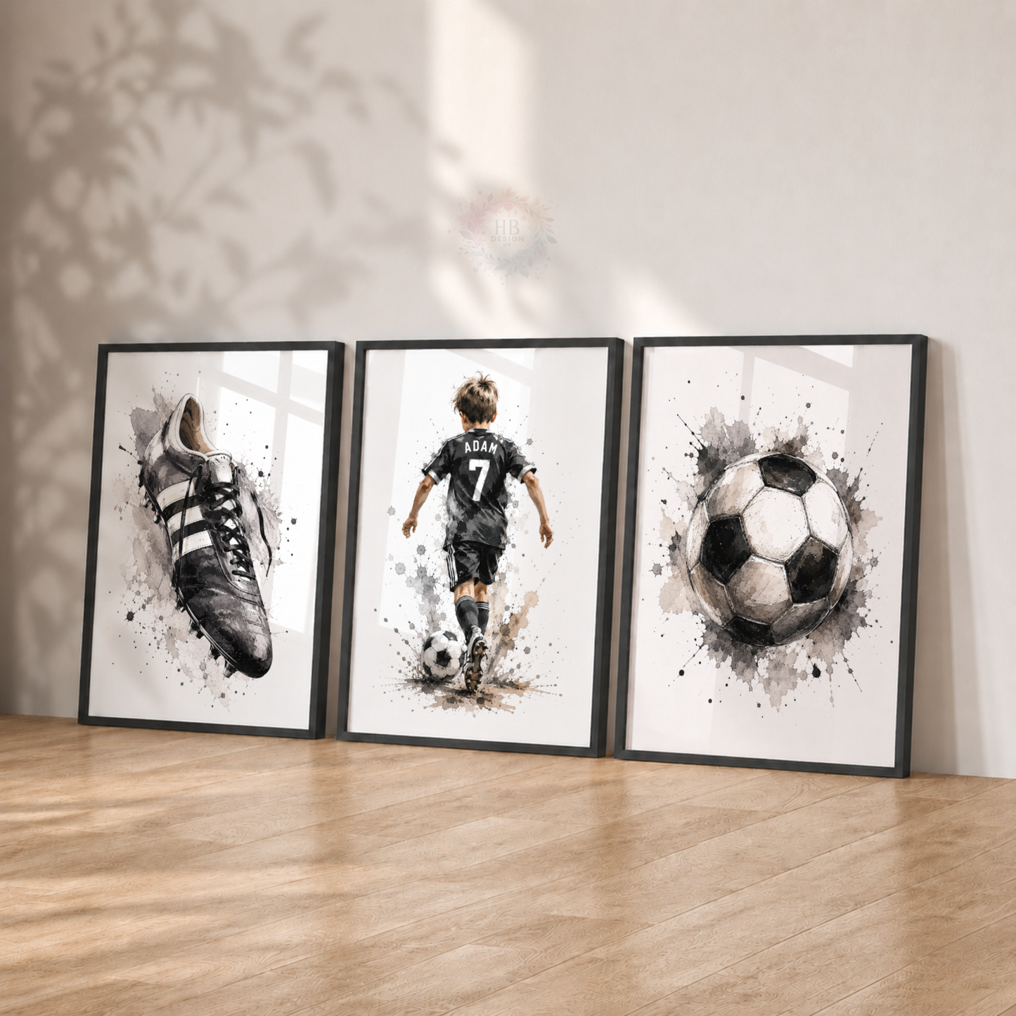 Personalised Black & White Football Wall Art Set – Name & Number Football Prints