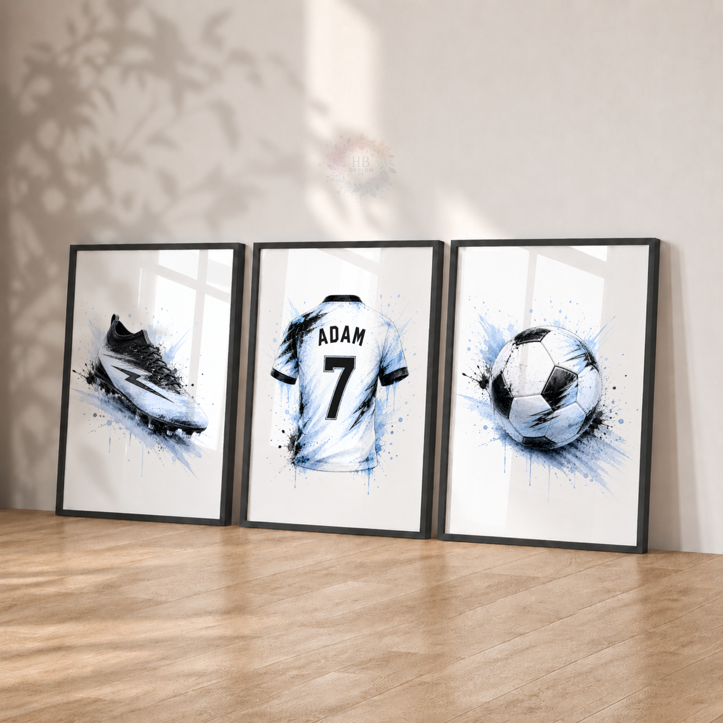 Personalised Blue Football Wall Art Set – Football Boot, Shirt & Ball Prints