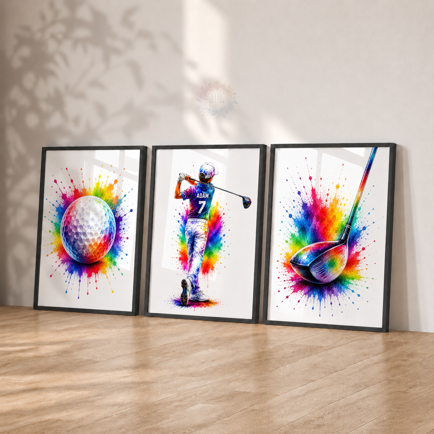 Personalised Golf Wall Art Print Set – Custom Name & Number