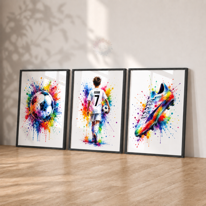 Personalised Colourful Football Wall Art Set – Name & Number Prints