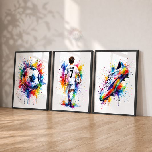 Personalised Colourful Football Wall Art Set – Name & Number Prints