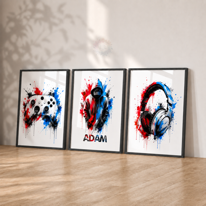 Personalised Red & Blue Gamer Wall Art Set – Gaming Controller & Headphones Prints