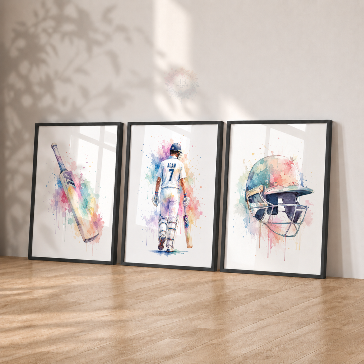 Personalised Cricket Wall Art Prints – Set of 3 Watercolour Bat, Player & Helmet Prints