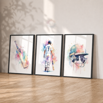 Personalised Cricket Wall Art Prints – Set of 3 Watercolour Bat, Player & Helmet Prints