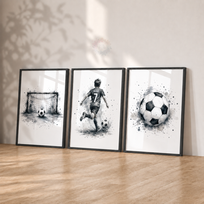 Personalised Black & White Football Wall Art Set – Football Player, Goal & Ball Prints