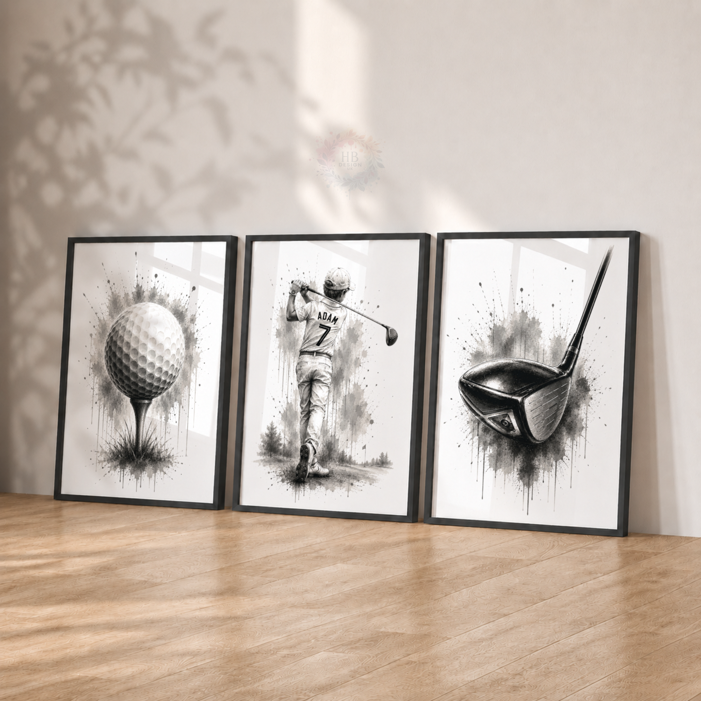 Personalised Golf Wall Art Print Set – Black & White Custom Name & Number