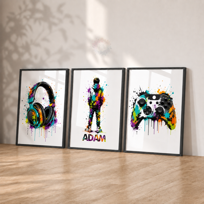Personalised Colourful Gamer Wall Art Set – Gaming Headphones, Gamer & Controller Prints