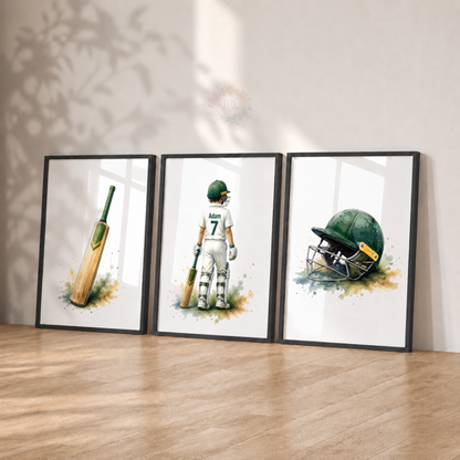 Personalised Cricket Prints – Set of 3 Green Watercolour Bat, Player & Helmet Wall Art