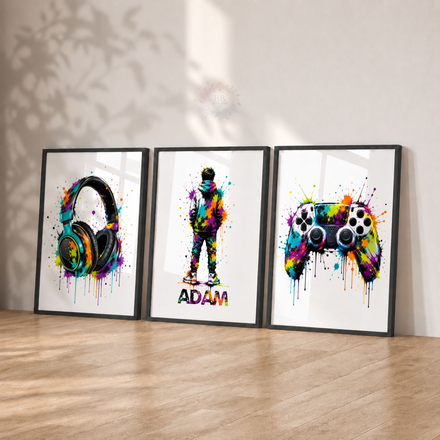Personalised Colourful Gamer Wall Art Set – Headphones, Gamer & Gaming Controller Prints