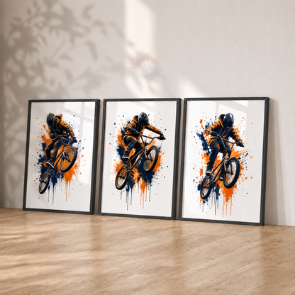 BMX Bike Wall Art Prints – Set of 3 Orange & Navy Freestyle Cycling Prints