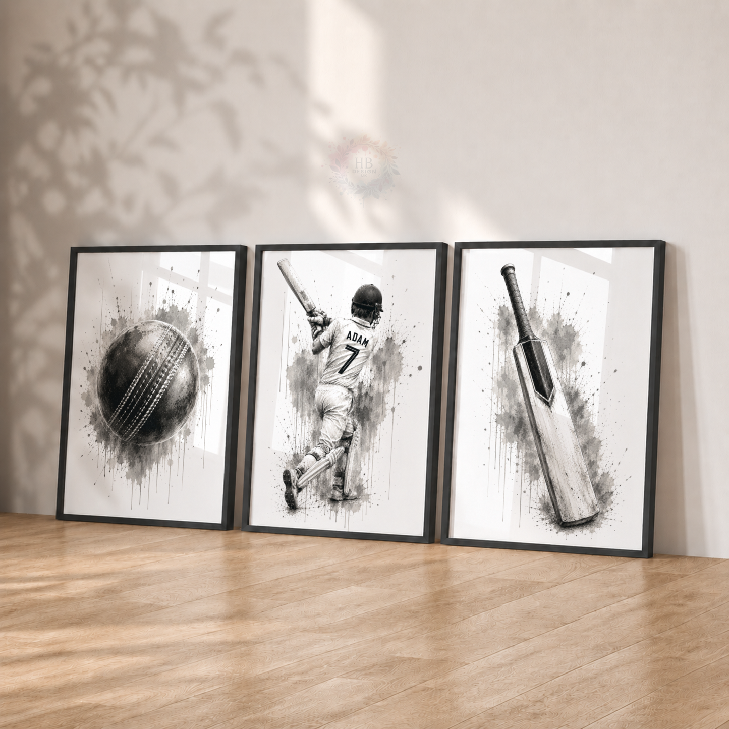 Personalised Cricket Wall Art Print Set – Black & White Custom Name & Number