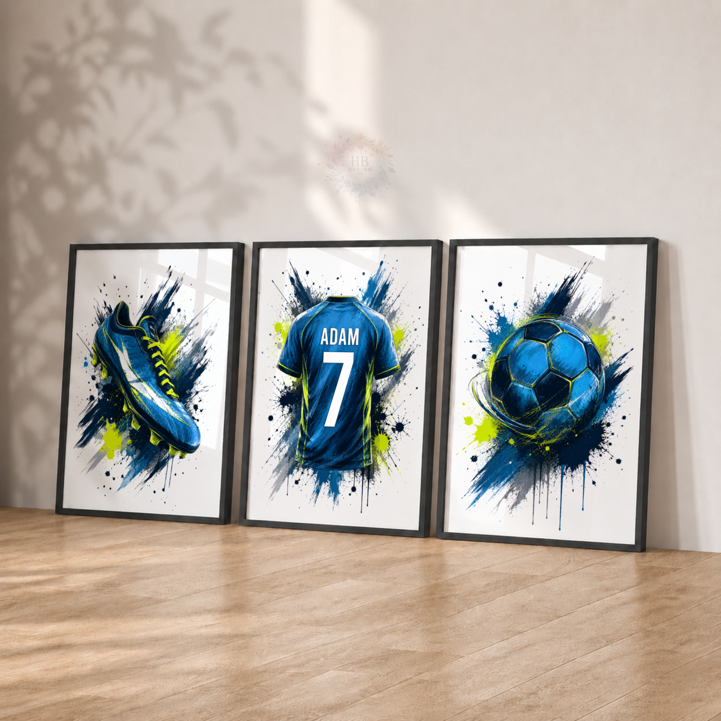 Personalised Blue Football Wall Art Set – Name & Number Football Prints