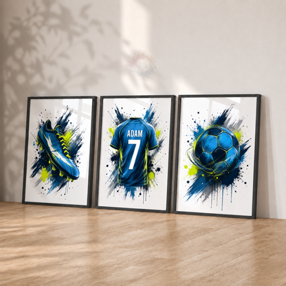 Personalised Blue Football Wall Art Set – Name & Number Football Prints